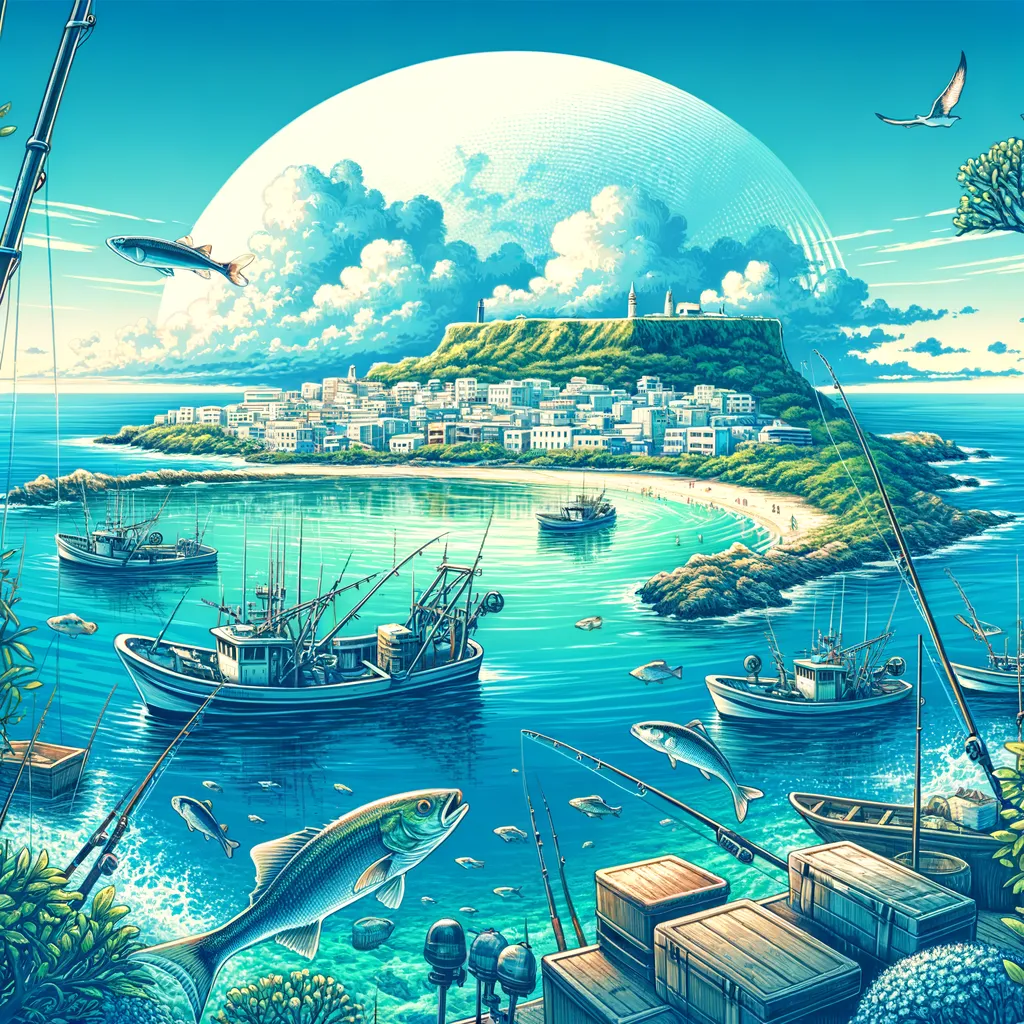 青い海と港町、船と魚を描いたイラスト